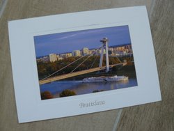 postcard Bratislava Slovakia with Danube bridge and UFO
