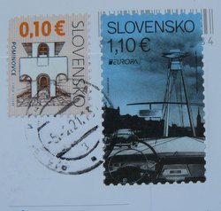 stamp slovakia shows danube bridge with UFO
