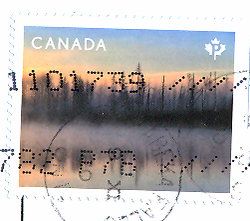 Canadian postage stamp landscape lake fog forest