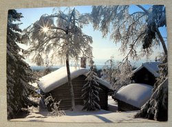 Snowy landscape with a hut postcard